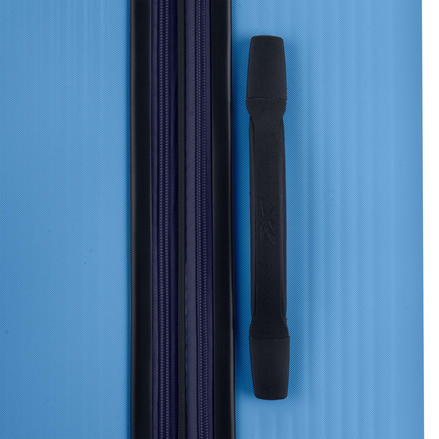 Close-up of the Reebok Action Duo 2 Piece Luggage Set in blue, showing a black vertical zipper and a black horizontal handle on the right side.
