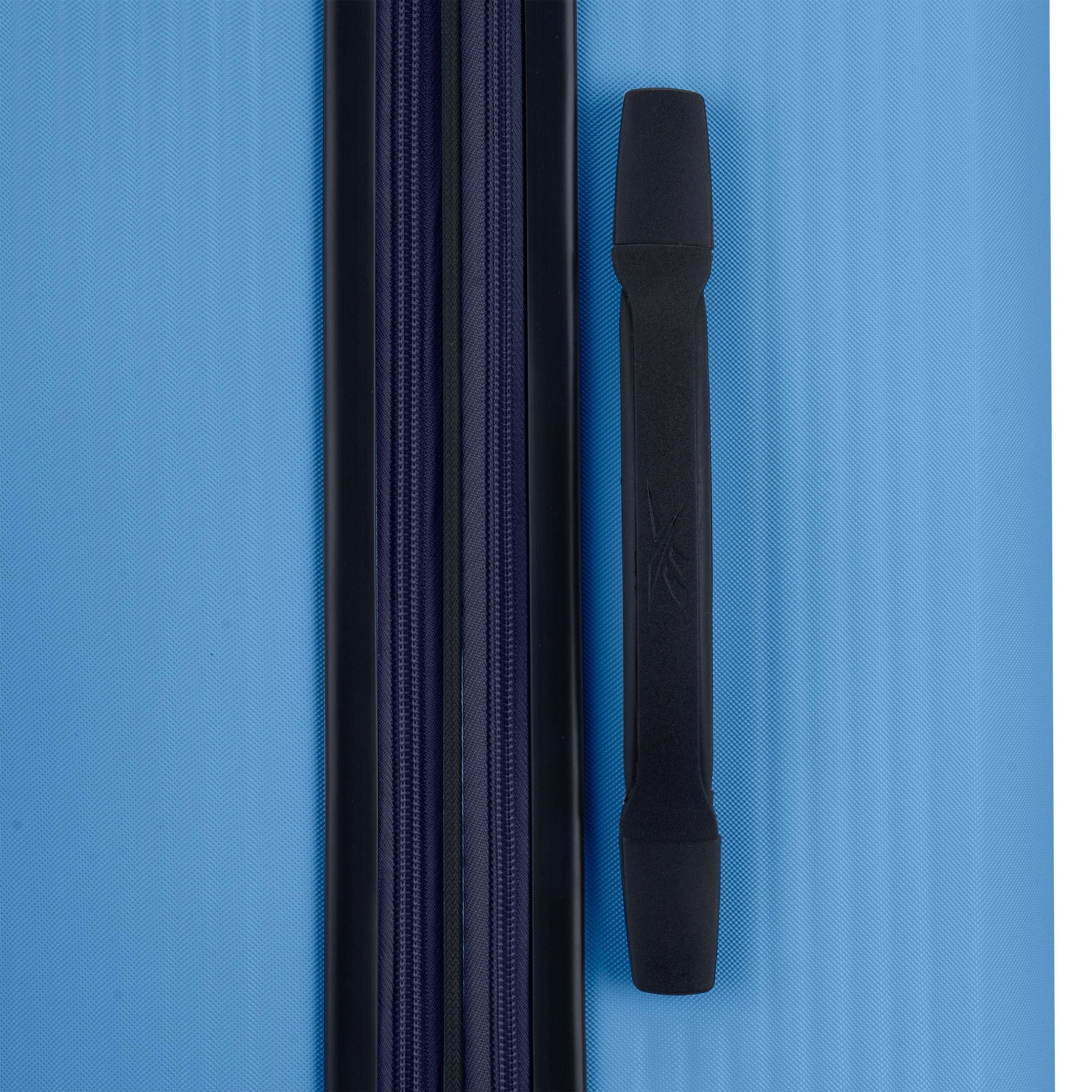 Close-up of the Reebok Action Duo 2 Piece Luggage Set in blue, showing a black vertical zipper and a black horizontal handle on the right side.