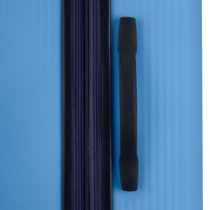 Close-up of the Reebok Action Duo 2 Piece Luggage Set in blue, showing a black vertical zipper and a black horizontal handle on the right side.