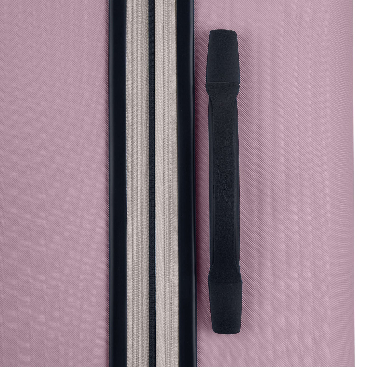 Close-up of the Reebok Action Duo 2 Piece Luggage Set in pink, featuring a textured finish, black handle, zippered compartment with black and white trim, and smooth spinner wheels for easy travel.