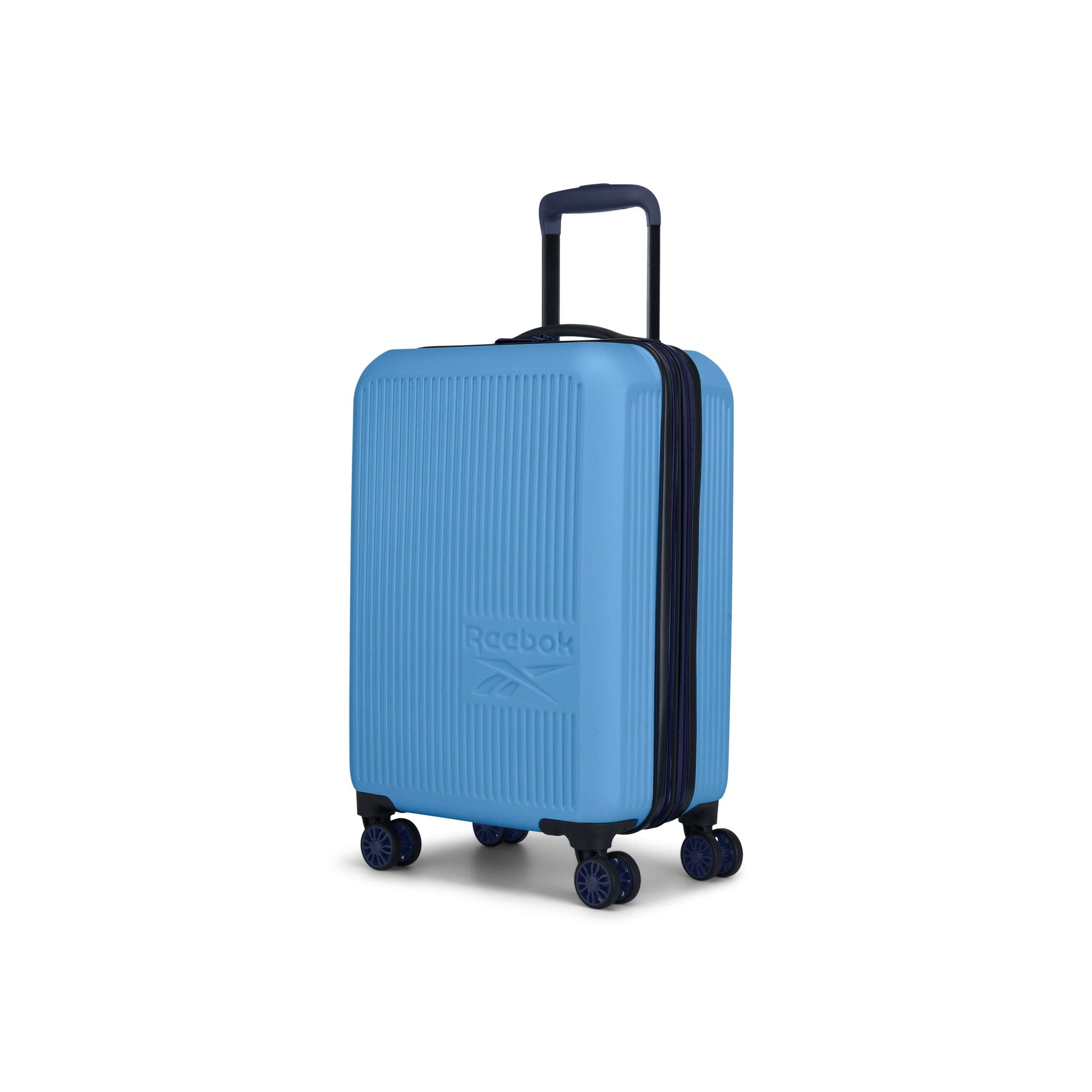 The Reebok Action Duo 2 Piece Luggage Set includes a blue hard-shell carry-on with spinner wheels, a telescopic handle, and the Reebok logo on the front.