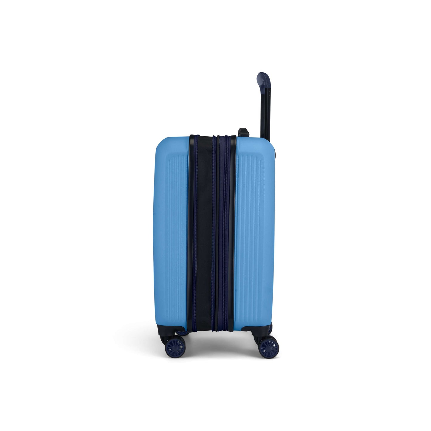 The Reebok Action Duo 2 Piece Luggage Set is shown upright on four spinner wheels with the handle extended and an expandable middle section visible. The blue hard-shell suitcase features black accents and is set against a plain white background.