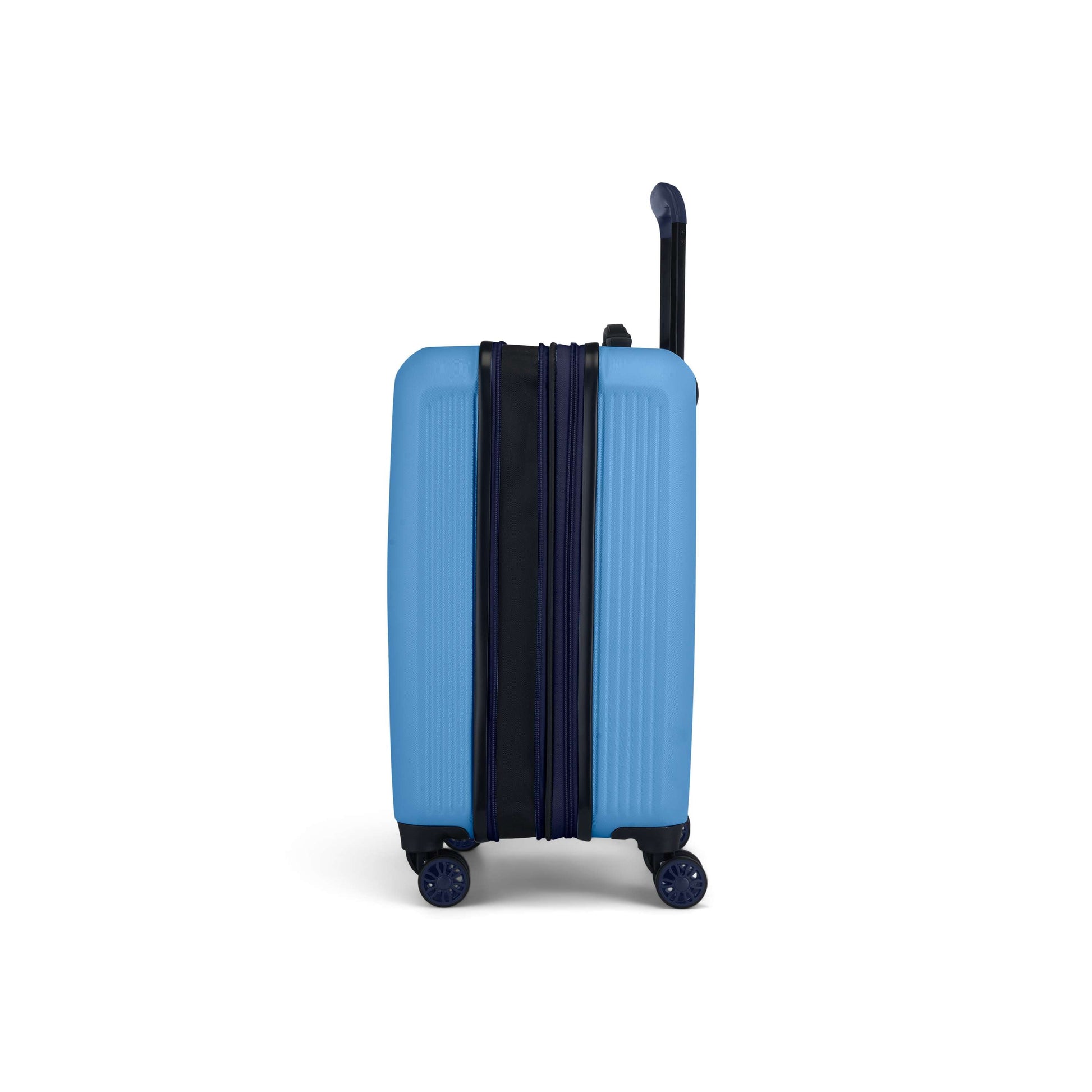The Reebok Action Duo 2 Piece Luggage Set is shown upright on four spinner wheels with the handle extended and an expandable middle section visible. The blue hard-shell suitcase features black accents and is set against a plain white background.