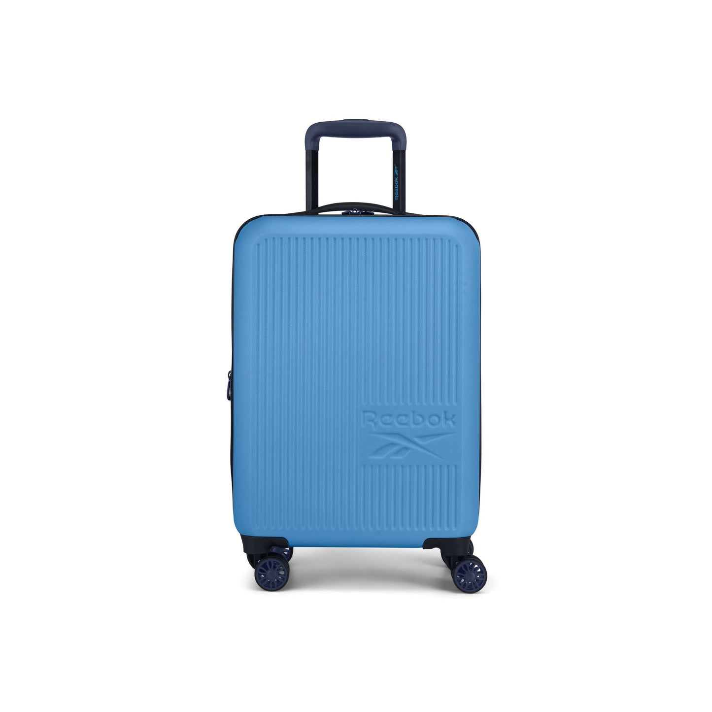 The Reebok Action Duo 2 Piece Luggage Set features blue hard-shell cases with spinner wheels, telescopic handles, and the embossed Reebok logo, shown upright on a white background.