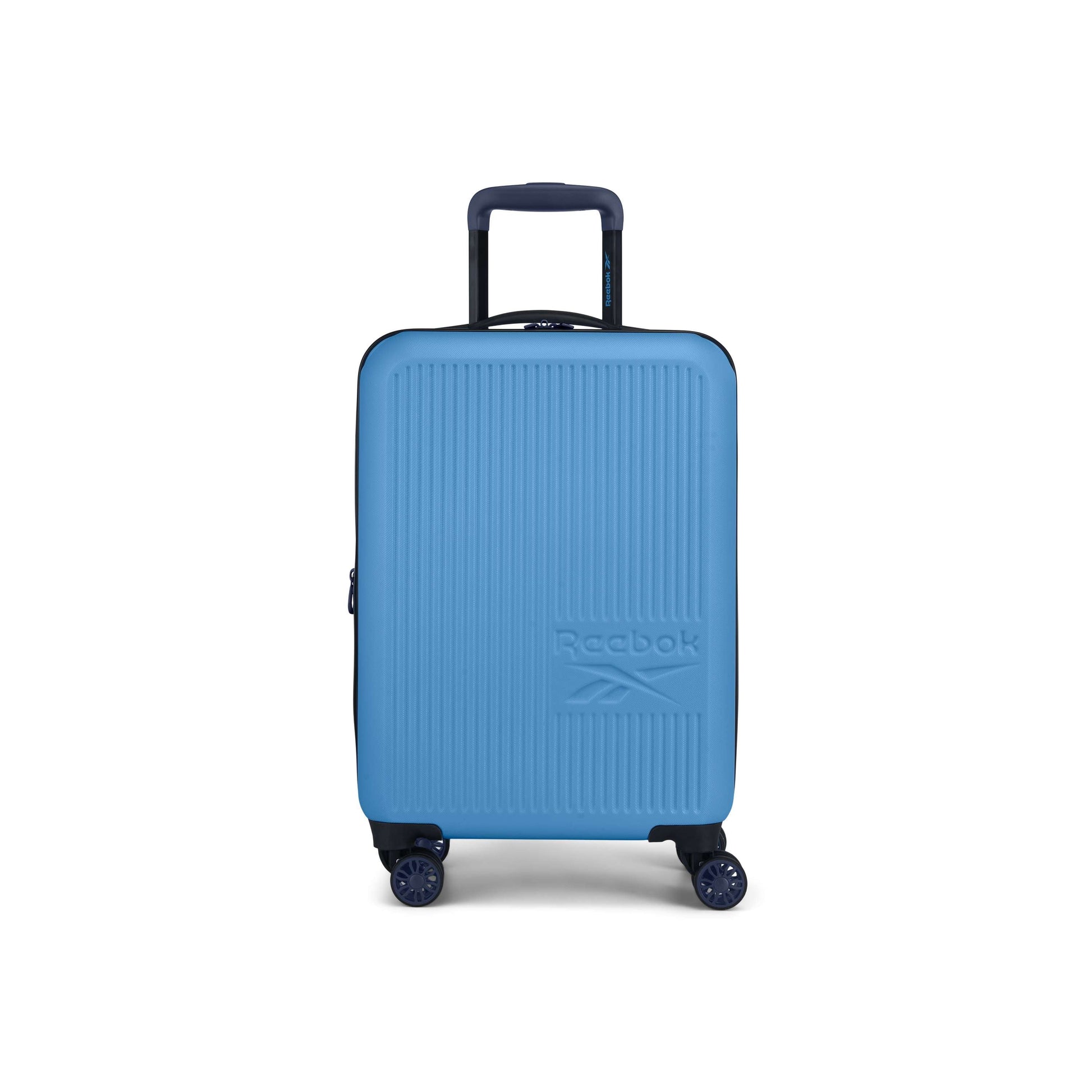 The Reebok Action Duo 2 Piece Luggage Set features blue hard-shell cases with spinner wheels, telescopic handles, and the embossed Reebok logo, shown upright on a white background.