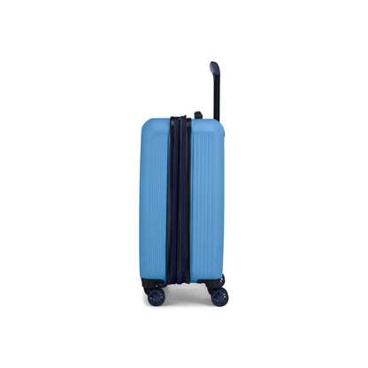 The Reebok Action Duo 2 Piece Luggage Set features a hard-shell blue suitcase with a vertical navy zipper, four spinner wheels, and an extended handle—perfect lightweight luggage, shown upright against a white background.