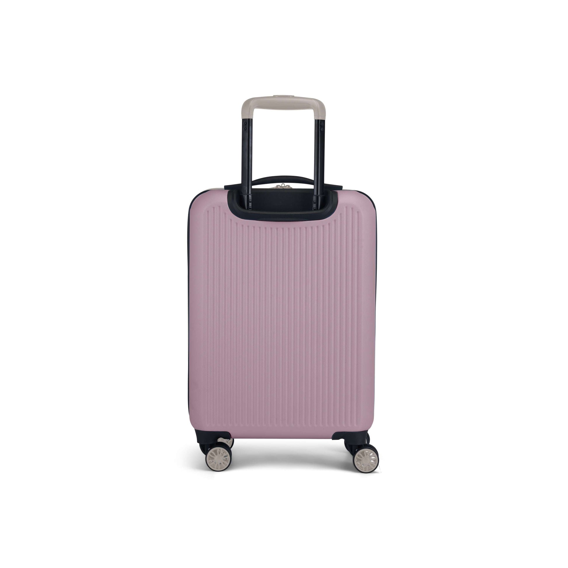 The Reebok Action Duo 2 Piece Luggage Set features a pink lightweight suitcase with vertical ridges, spinner wheels, and a black top handle, shown standing upright on a white background.