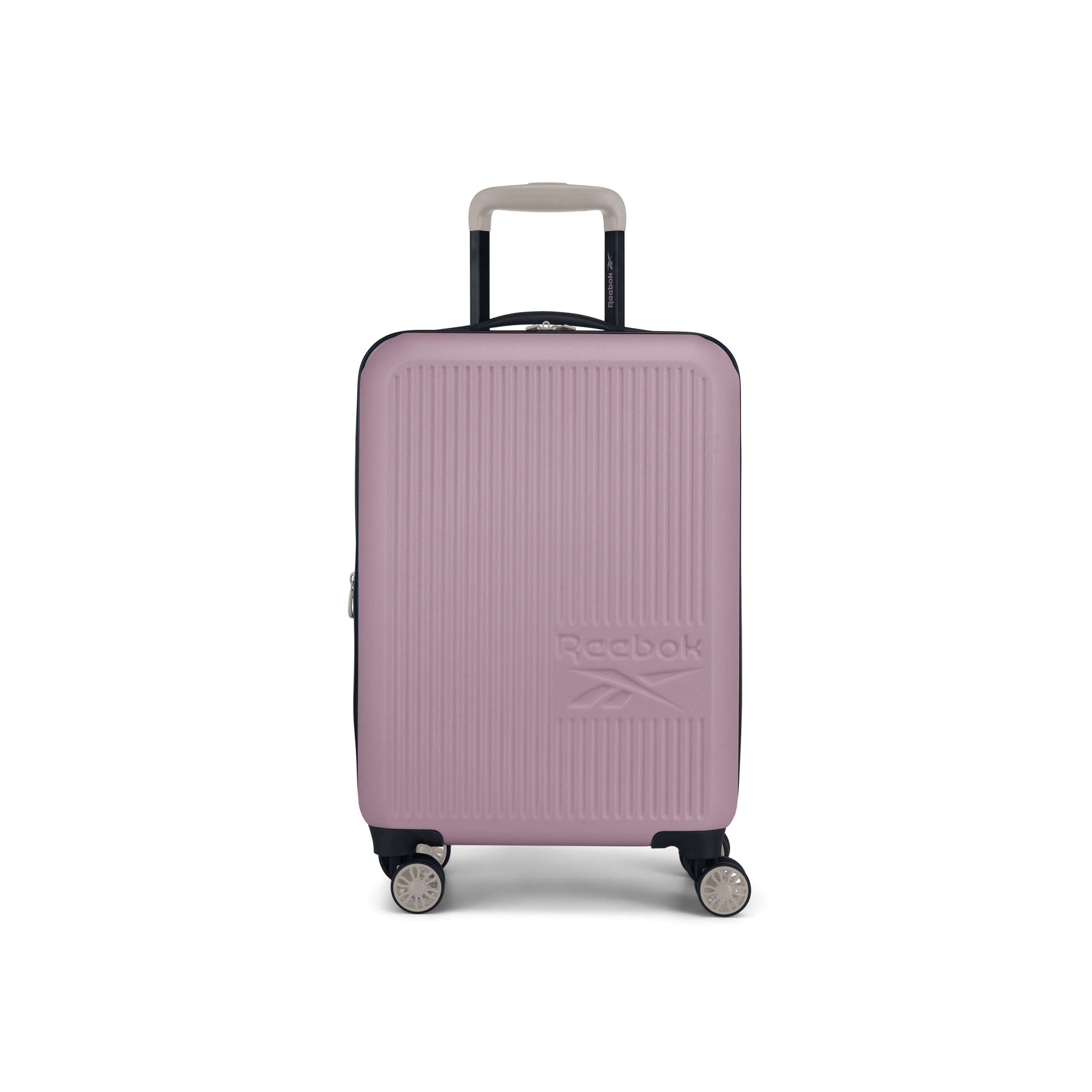 The Reebok Action Duo 2 Piece Luggage Set features pink hard-shell suitcases with a ribbed texture, spinner wheels, and telescopic handles, shown on a plain white background.
