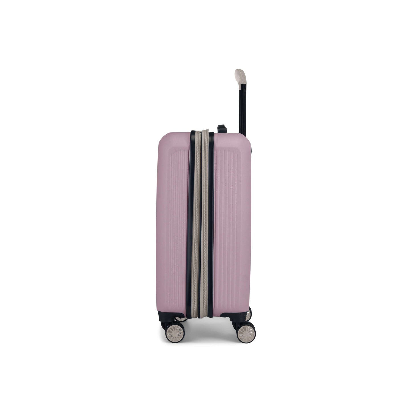 The Reebok Action Duo 2 Piece Luggage Set features a pink lightweight suitcase with a black zipper, silver telescopic handle extended, and four spinner wheels, shown upright from the side against a white background.
