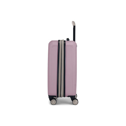 The Reebok Action Duo 2 Piece Luggage Set features a pink lightweight suitcase with a black zipper, silver telescopic handle extended, and four spinner wheels, shown upright from the side against a white background.