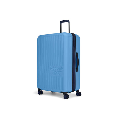 The Reebok Action Duo 2 Piece Luggage Set includes a large, hard-shell blue suitcase with a textured design, four spinner wheels, side and top handles, and the embossed Reebok logo shown on a plain white background.