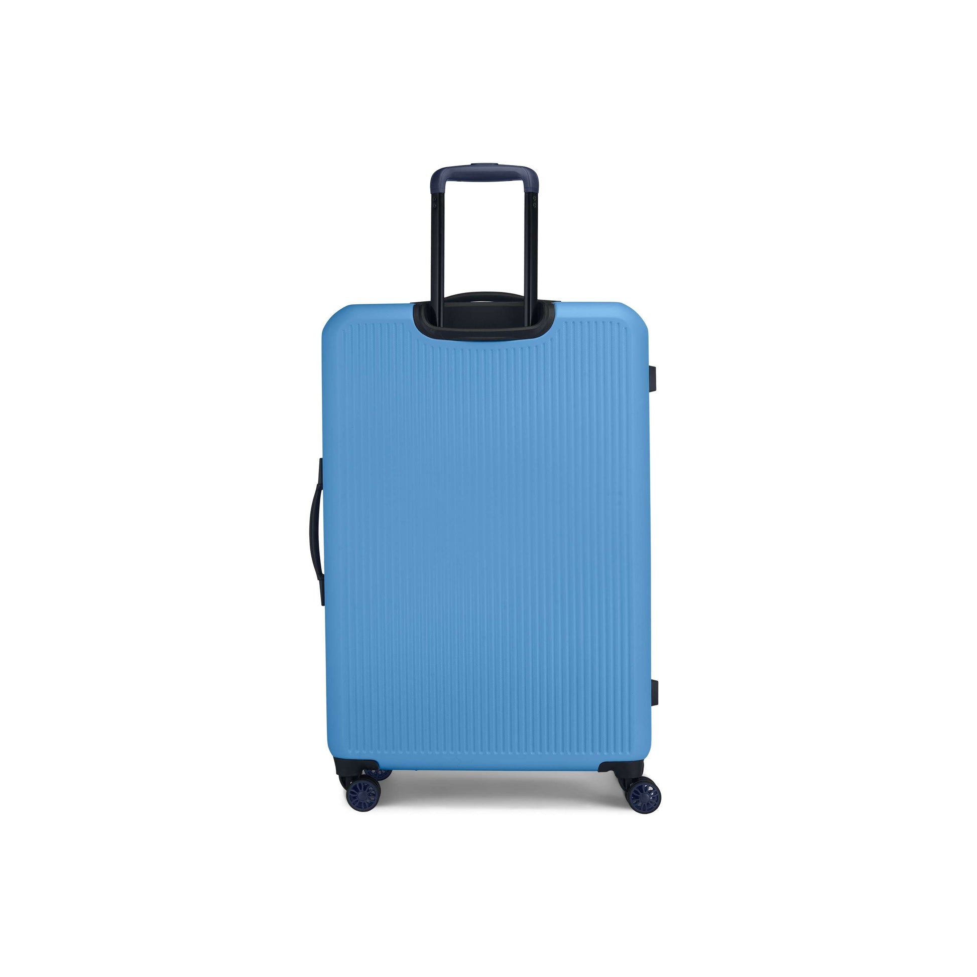 The Reebok Action Duo 2 Piece Luggage Set is shown upright against a white background, featuring large, light blue lightweight luggage with four spinner wheels and a black retractable handle.