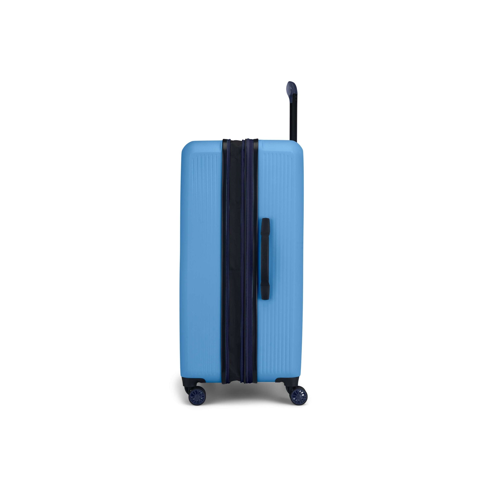 The Reebok Action Duo 2 Piece Luggage Set is shown upright from a side view, featuring blue lightweight suitcases with four spinner wheels and black handles, all set against a white background.