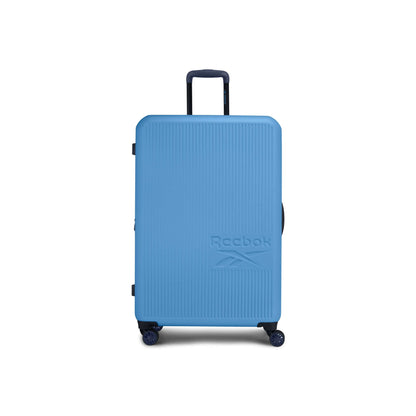 The Reebok Action Duo 2 Piece Luggage Set features a large, hard-shell blue suitcase with spinner wheels, side and retractable top handles, and an embossed logo on the front. Lightweight and shown upright against a white background.