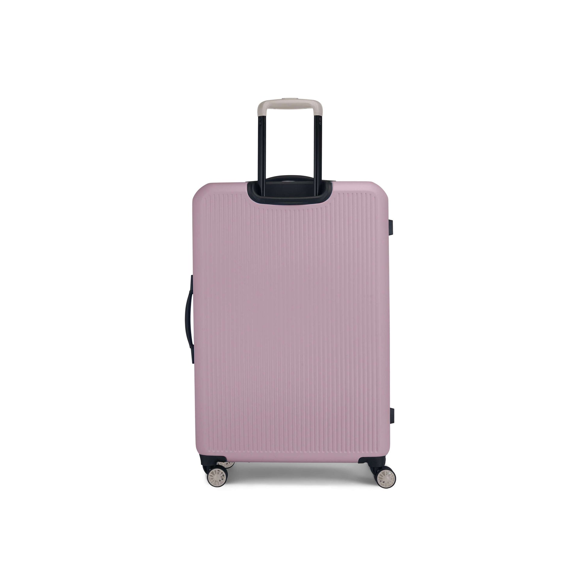 The Reebok Action Duo 2 Piece Luggage Set features a large, light pink suitcase with four spinner wheels, a black side handle, and an extended telescopic handle, displayed against a plain white background.