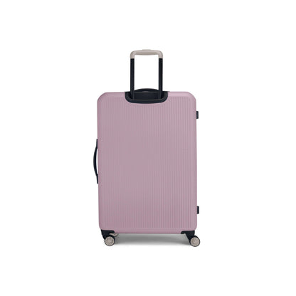 The Reebok Action Duo 2 Piece Luggage Set features a large, light pink suitcase with four spinner wheels, a black side handle, and an extended telescopic handle, displayed against a plain white background.