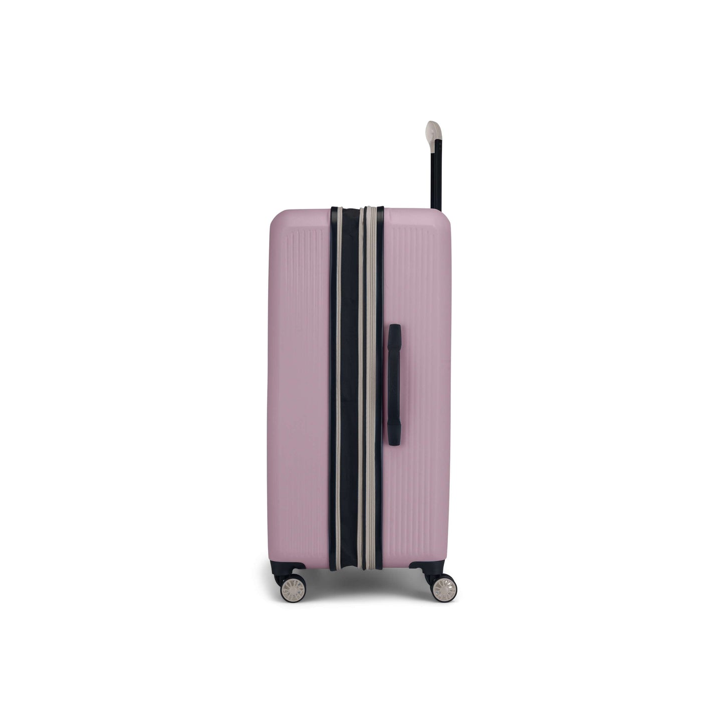 The Reebok Action Duo 2 Piece Luggage Set features a pink hard-shell lightweight suitcase with black and white stripes, four spinner wheels, a side handle, and an extended telescopic handle.
