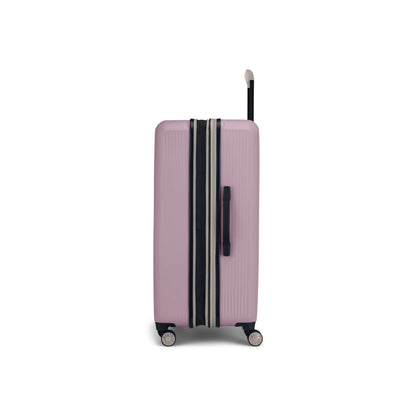 The Reebok Action Duo 2 Piece Luggage Set features a pink hard-shell lightweight suitcase with black and white stripes, four spinner wheels, a side handle, and an extended telescopic handle.