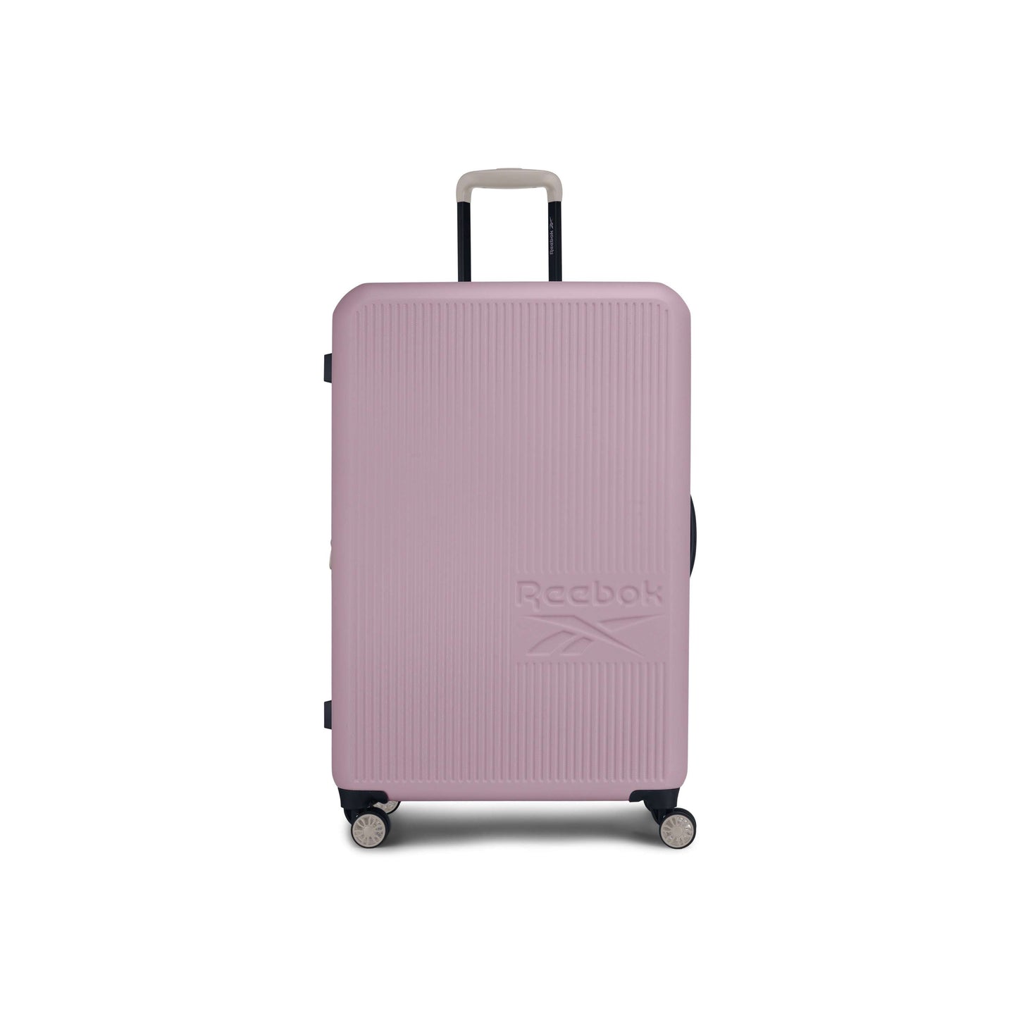The Reebok Action Duo 2 Piece Luggage Set features large light pink, lightweight suitcases with textured surfaces, black accents, four spinner wheels, telescopic handles, and embossed Reebok logos on the front.