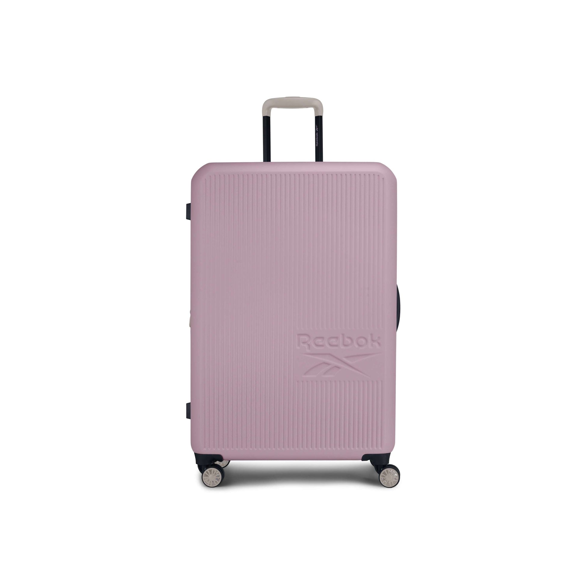 The Reebok Action Duo 2 Piece Luggage Set features large light pink, lightweight suitcases with textured surfaces, black accents, four spinner wheels, telescopic handles, and embossed Reebok logos on the front.