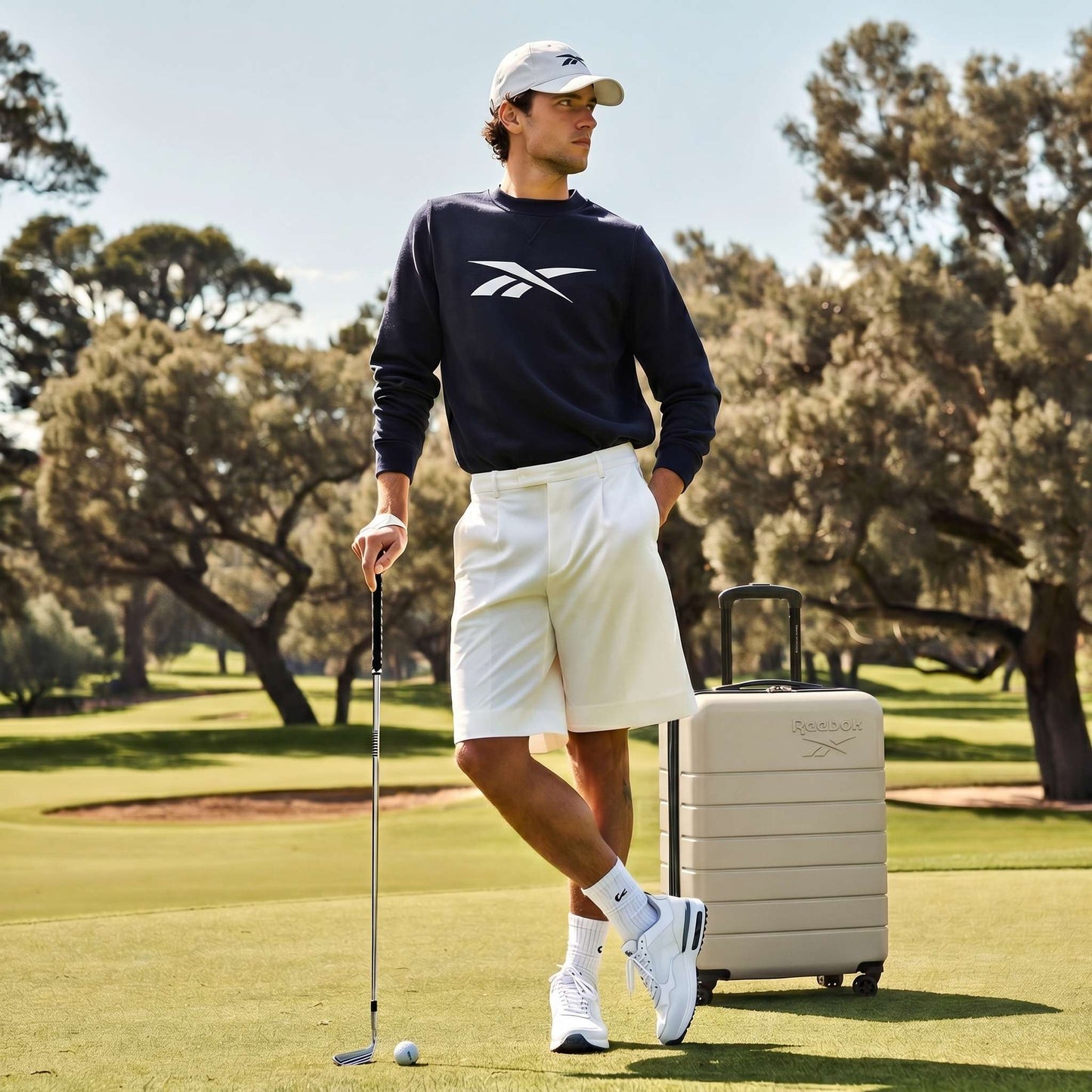 A man in golf attire stands on a course with a putter beside the beige Reebok Captain 2 Piece Luggage Set with spinner wheels. Trees and green grass fill the background.