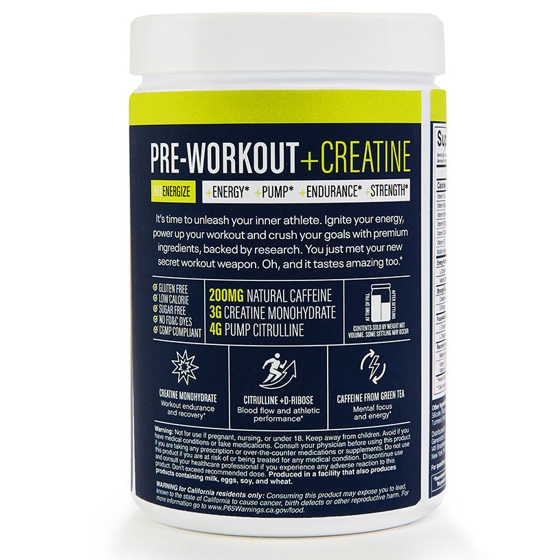 A white tub of Reebok ReeEnergize Pre-Workout + Creatine boosts workout endurance, pump, and strength with key ingredients like caffeine, creatine monohydrate, and pump citrulline.