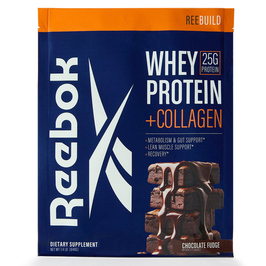 The Reebok ReeBuild Whey Protein + Collagen in chocolate fudge flavor features a blue package labeled REEBUILD, offering 25g protein per serving to support muscle recovery, with stacked fudge pieces pictured at the bottom.