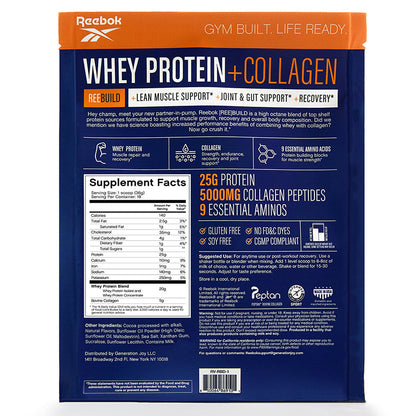 Back of a Reebok ReeBuild Whey Protein + Collagen bag showing nutrition facts, benefits for muscle recovery, ingredients, and highlights like 25g whey protein, 5000mg collagen peptides, 9 essential amino acids, and allergen info.