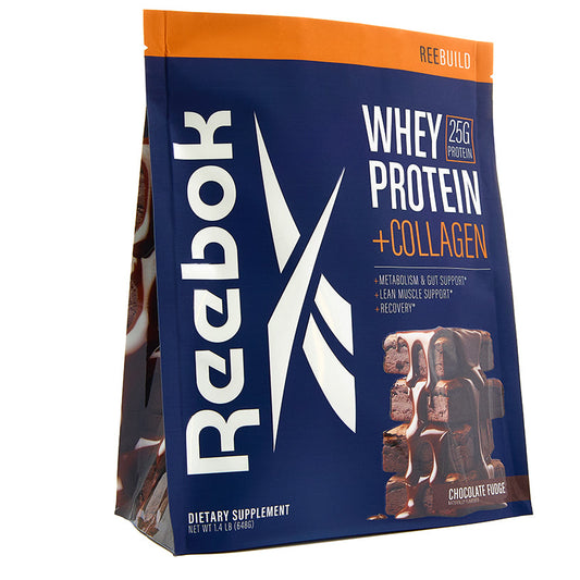 A blue and orange Reebok ReeBuild Whey Protein + Collagen bag in chocolate fudge flavor displays the logo, 25g protein per serving for muscle recovery, and chocolate square images on the front.