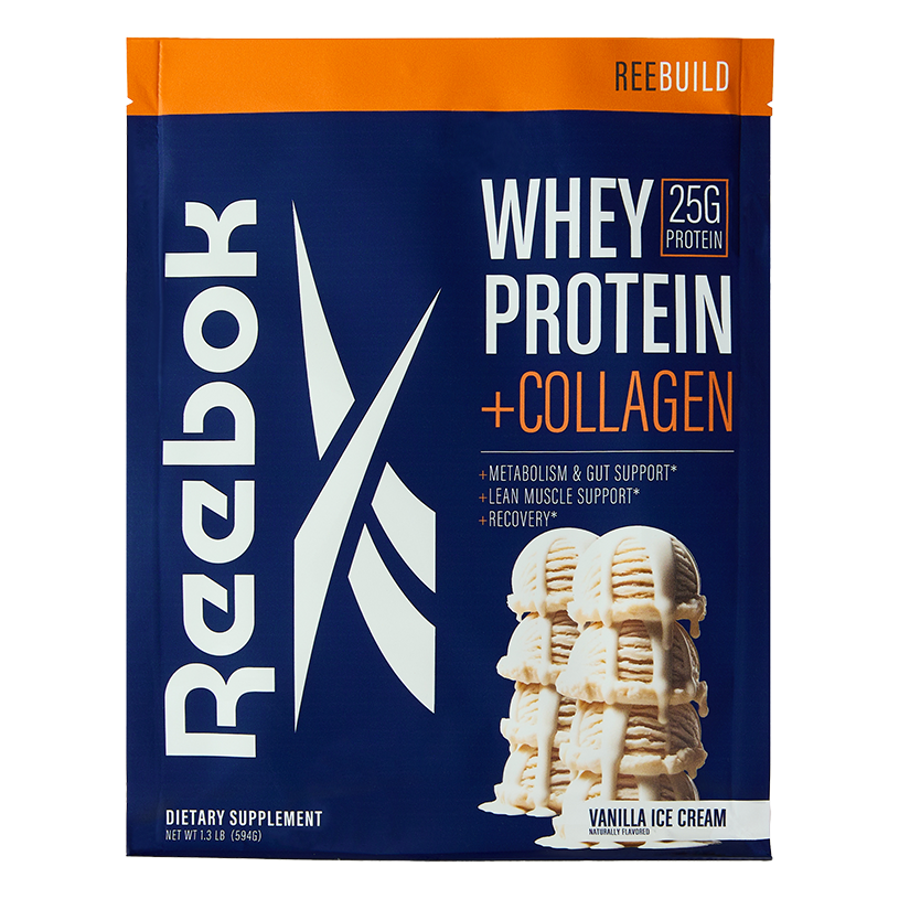 A blue and orange Reebok packet labeled “Reebok ReeBuild Whey Protein + Collagen” features 25g protein, vanilla ice cream scoops, and highlights metabolism, muscle recovery, support, and effective recovery.