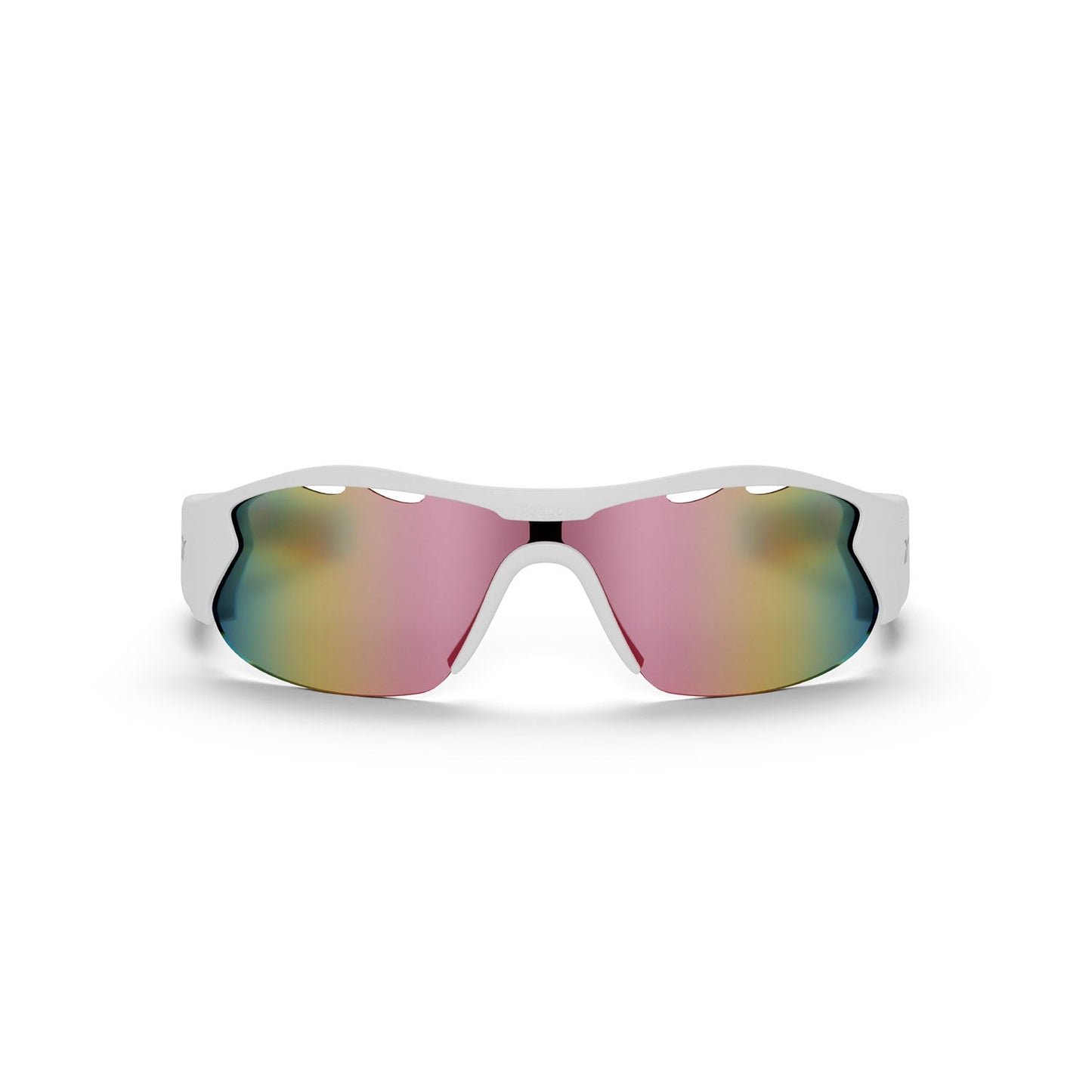 The Reebok Flash Smart Audio Sunglasses feature a white frame and large polarized lenses that shift from pink to yellow and green, shown against a plain white background.