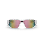The Reebok Flash Smart Audio Sunglasses feature a white frame and large polarized lenses that shift from pink to yellow and green, shown against a plain white background.