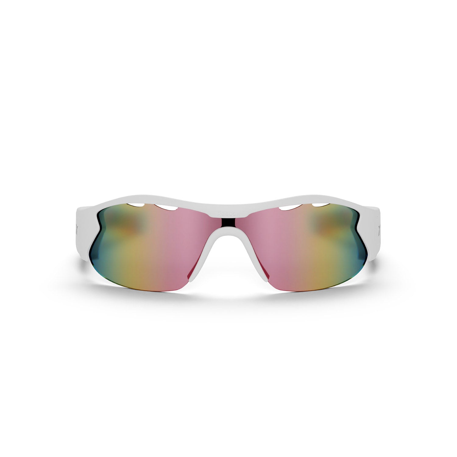 The Reebok Flash Smart Audio Sunglasses feature a white frame and large polarized lenses that shift from pink to yellow and green, shown against a plain white background.