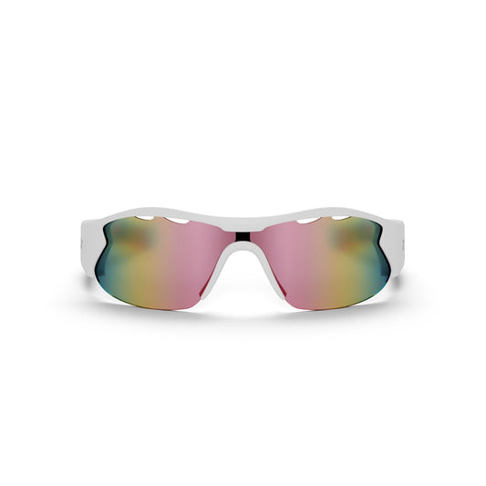 The Reebok Flash Smart Audio Sunglasses feature a white frame and large polarized lenses that shift from pink to yellow and green, shown against a plain white background.