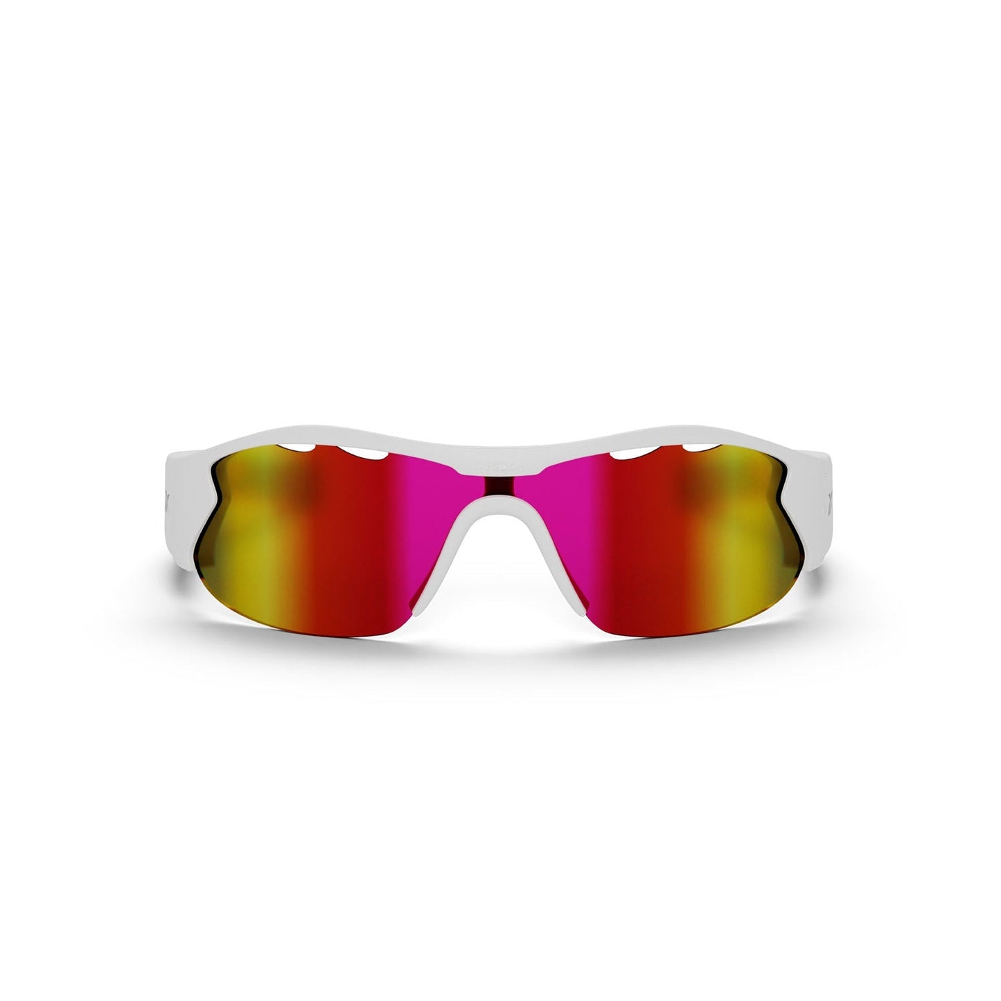 Reebok Flash Smart Audio Sunglasses in white, with a single wraparound red-to-yellow gradient lens, are shown front-facing on a plain white background.