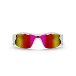 Reebok Flash Smart Audio Sunglasses in white, with a single wraparound red-to-yellow gradient lens, are shown front-facing on a plain white background.