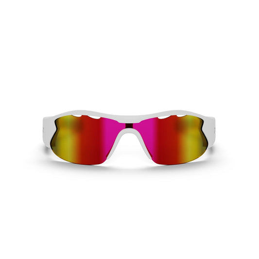 Reebok Flash Smart Audio Sunglasses in white, with a single wraparound red-to-yellow gradient lens, are shown front-facing on a plain white background.