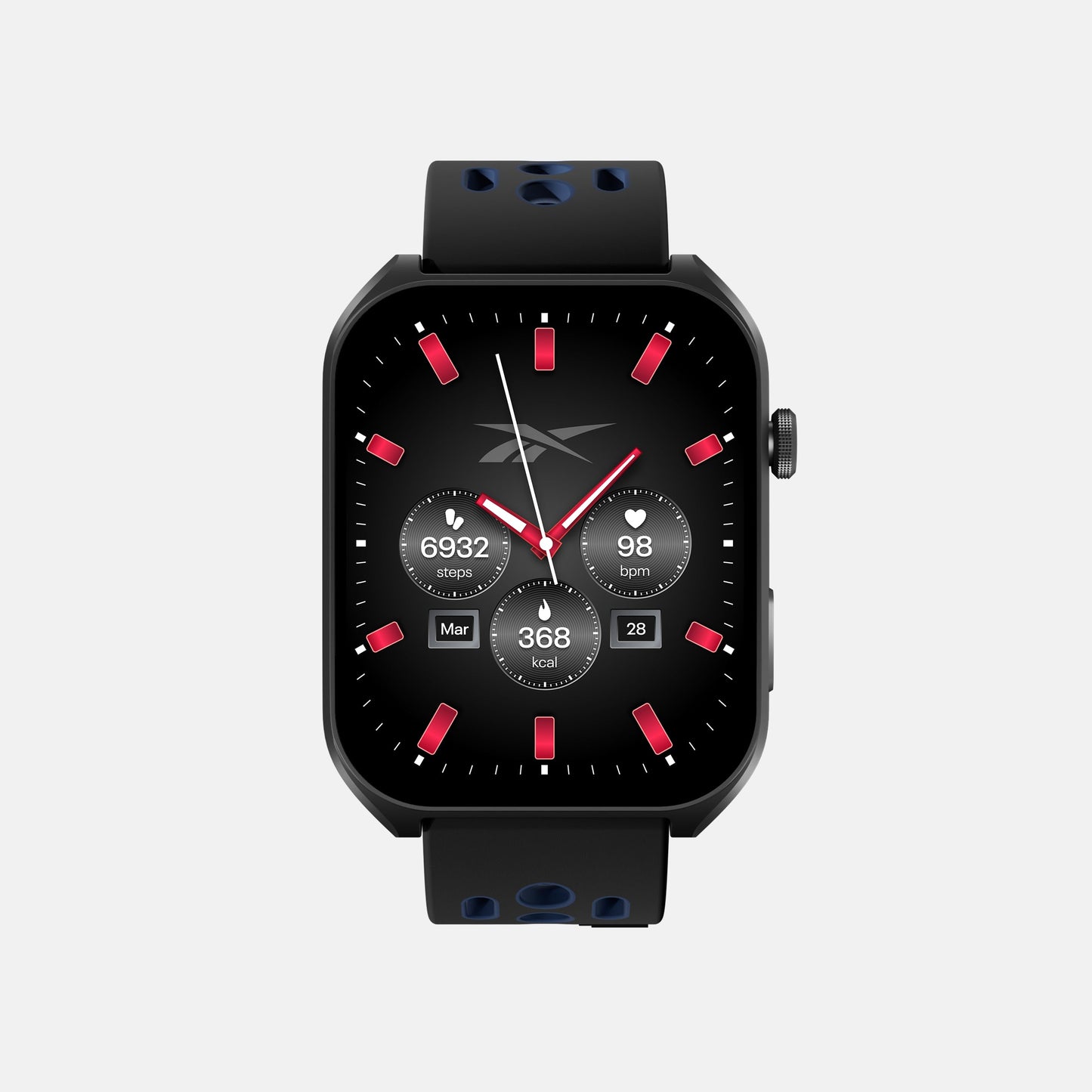 The Reebok Icon Smartwatch features a black rectangular display showing time, steps, heart rate, calories, and date. Red accents and a black strap with blue holes create a sporty look—ideal for athletic tracking on a light gray background.