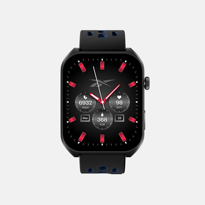 The Reebok Icon Smartwatch features a black rectangular display showing time, steps, heart rate, calories, and date. Red accents and a black strap with blue holes create a sporty look—ideal for athletic tracking on a light gray background.