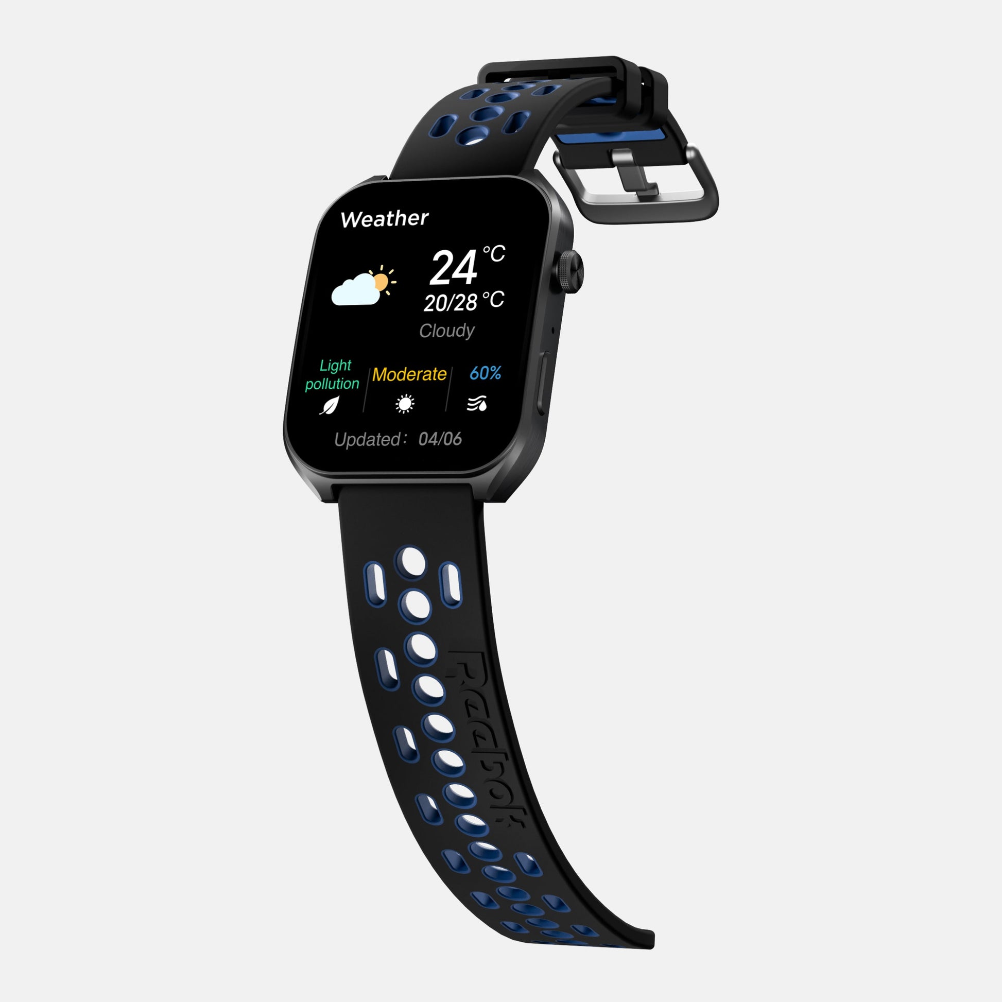 The Reebok Icon Smartwatch by Reebok features a black design with a blue-accented perforated strap. Its display shows weather (24°C, cloudy, light pollution, moderate humidity) and an update time—ideal for tracking your workouts.