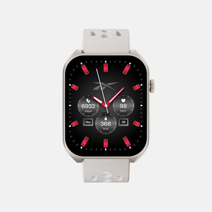 The Reebok Icon Smartwatch by Reebok, featuring a white band and black face, displays 6,932 steps, 98 bpm heart rate, 368 calories burned, and the Mar 28 date. Red markers and hands add to its sporty display.