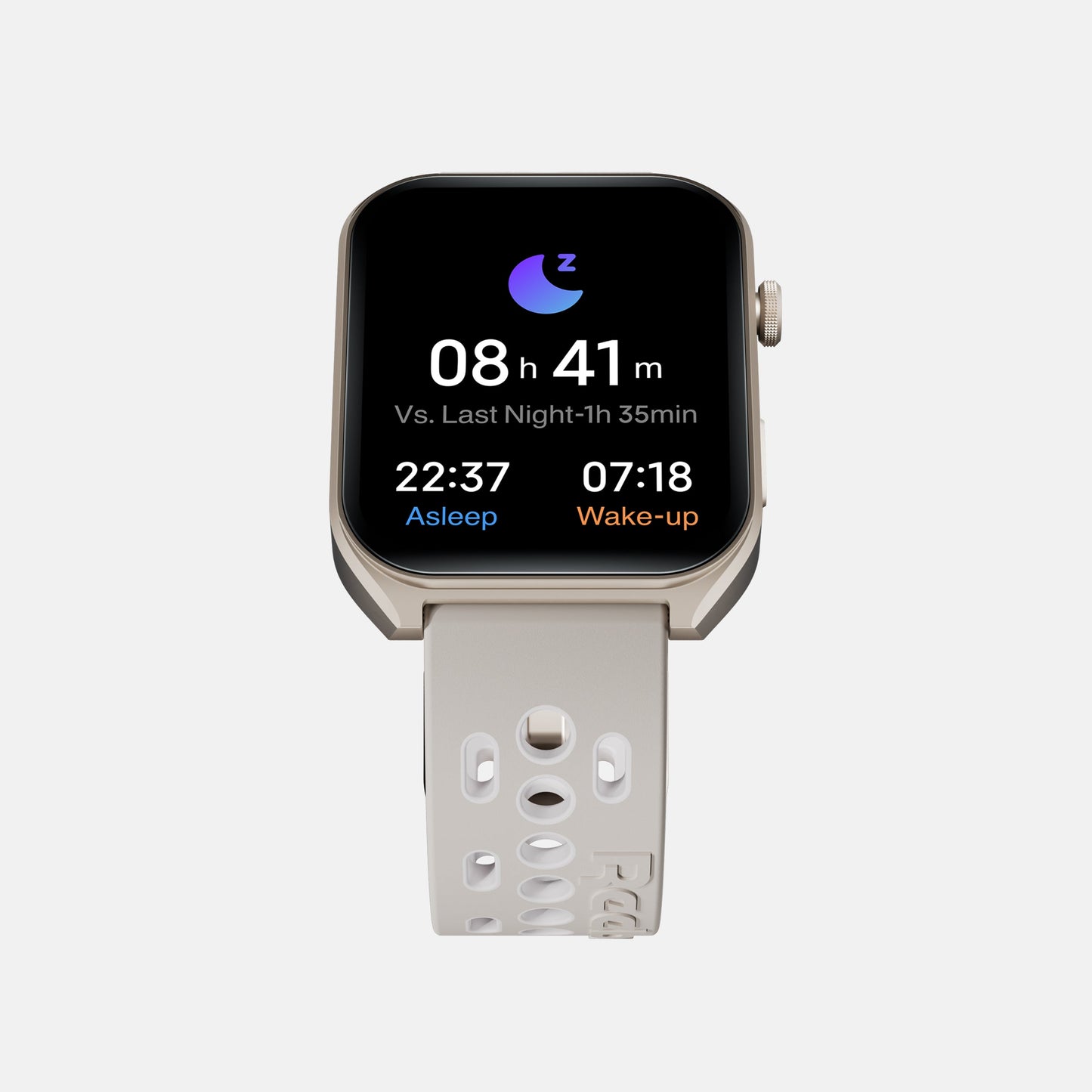 The Reebok Icon Smartwatch by Reebok, featuring a white perforated band and black screen, displays sleep tracking data—8h 41m from 22:37 “Asleep” to 07:18 “Wake-up”—to support optimal athletic performance.