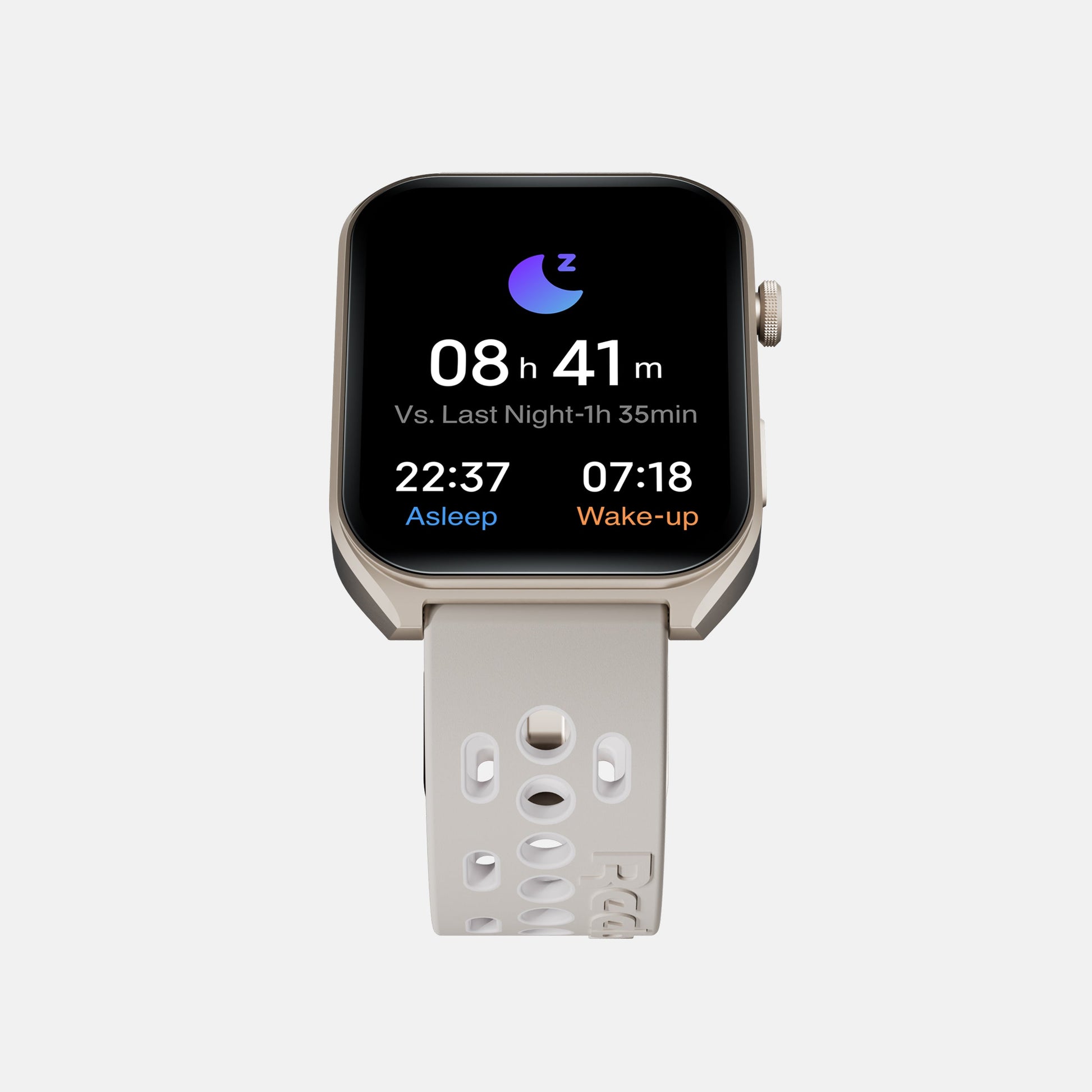 The Reebok Icon Smartwatch by Reebok, featuring a white perforated band and black screen, displays sleep tracking data—8h 41m from 22:37 “Asleep” to 07:18 “Wake-up”—to support optimal athletic performance.