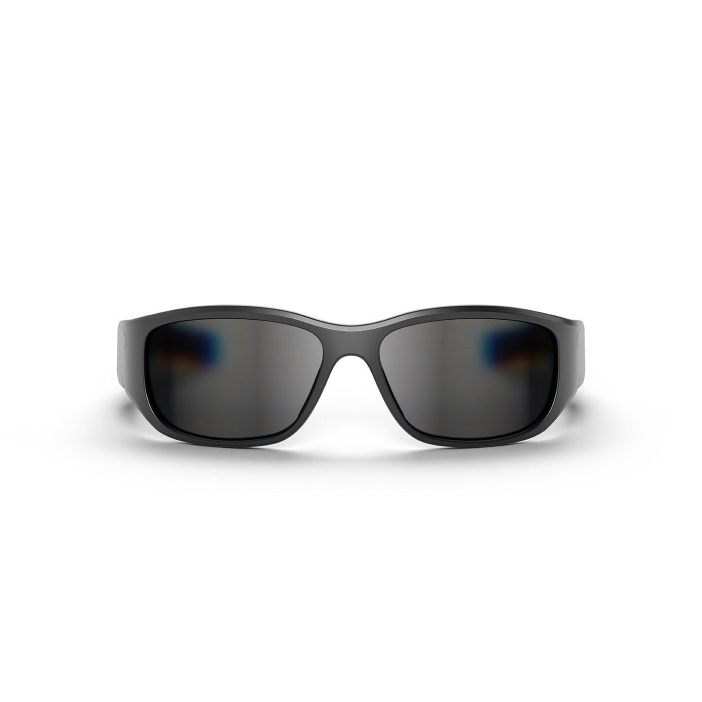 Reebok Nitrous Smart Audio Sunglasses shown front-on against a white background feature wide, wraparound frames and dark polarized lenses, offering full-coverage eye protection with a sleek curved design.
