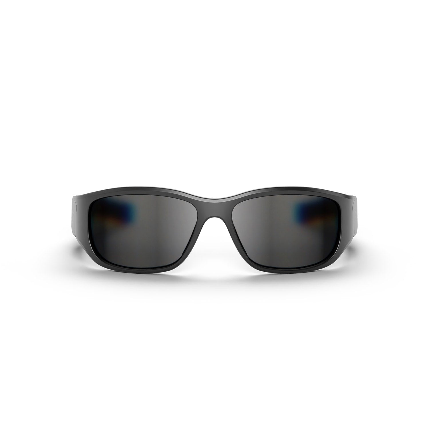 Reebok Nitrous Smart Audio Sunglasses shown front-on against a white background feature wide, wraparound frames and dark polarized lenses, offering full-coverage eye protection with a sleek curved design.