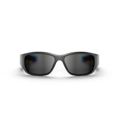 Reebok Nitrous Smart Audio Sunglasses shown front-on against a white background feature wide, wraparound frames and dark polarized lenses, offering full-coverage eye protection with a sleek curved design.