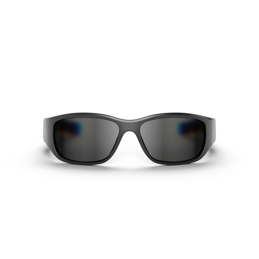 Reebok Nitrous Smart Audio Sunglasses shown front-on against a white background feature wide, wraparound frames and dark polarized lenses, offering full-coverage eye protection with a sleek curved design.