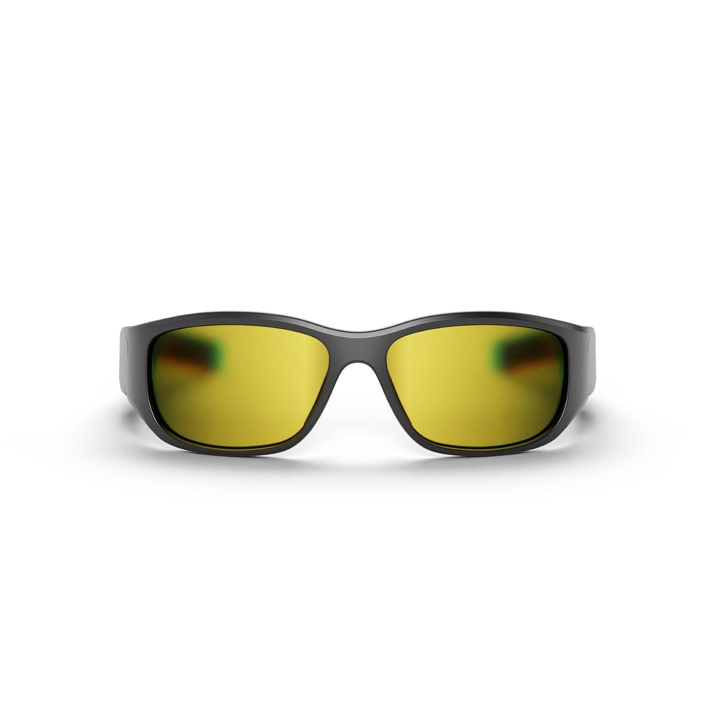Front view of Reebok Nitrous Smart Audio Sunglasses in black, featuring wide yellow-tinted polarized lenses, shown against a plain white background.