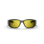 Front view of Reebok Nitrous Smart Audio Sunglasses in black, featuring wide yellow-tinted polarized lenses, shown against a plain white background.