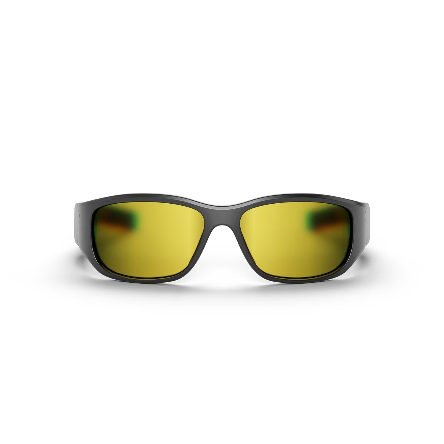Front view of Reebok Nitrous Smart Audio Sunglasses in black, featuring wide yellow-tinted polarized lenses, shown against a plain white background.